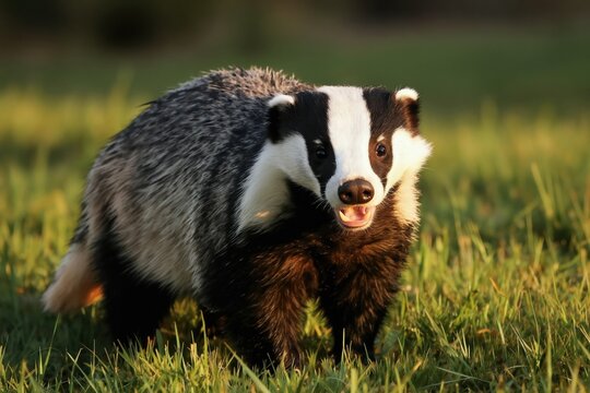 Honey badger stands in green grass with mouth open showing teeth. Wild mammal distinctive black, white face markings. Animal looks towards camera with intense stare. Shows no fear aggression.