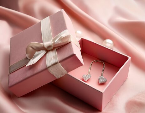 elegant pink gift box adorned with a pearl heart charm under sof