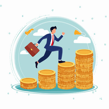 Businessman climbing stacks of coins representing financial growth