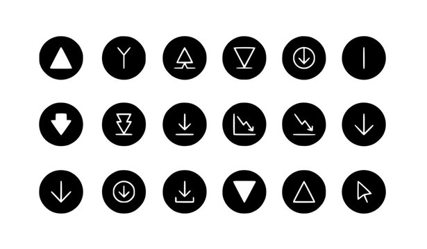 Down Arrow Icon Set in Black Circle Collection for Decrease Decline and Download Concepts