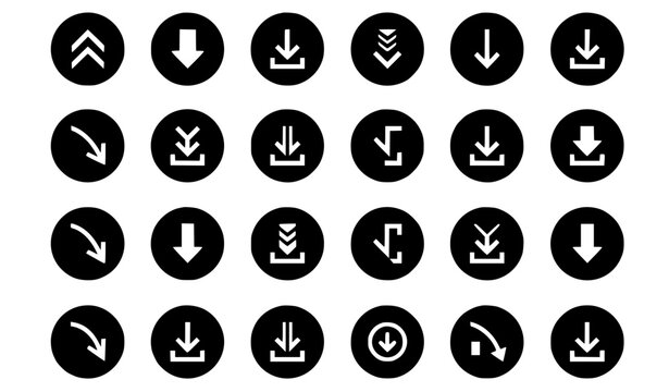 Black Circle Down Arrow Icon Collection with Decline Reduction and Descending Trend Symbols