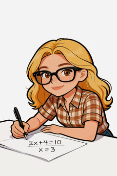 Cartoon female student solving linear math equation on paper