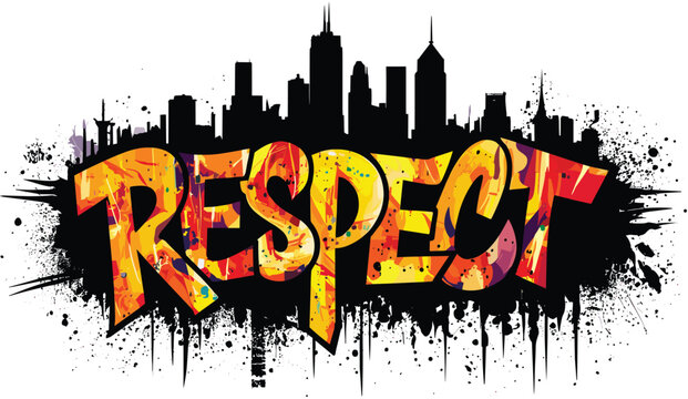 Vibrant "Respect" Graffiti with City Skyline Silhouette and Splatter Art