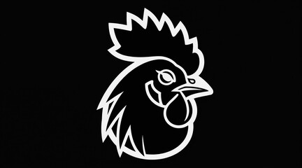 Fototapeta premium Minimalist rooster head emblem in white outline on black background. Simple design suitable for farm brands, culinary logos, or animal art projects. Bold graphic representation of a chicken.