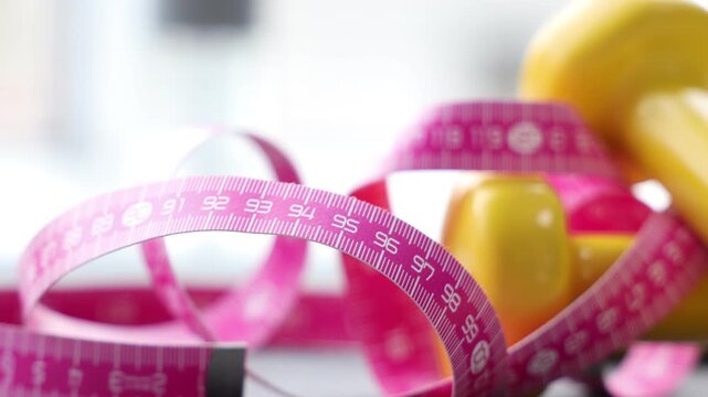 Measuring tape and dumbbells on blurred background, closeup. Camera moving left