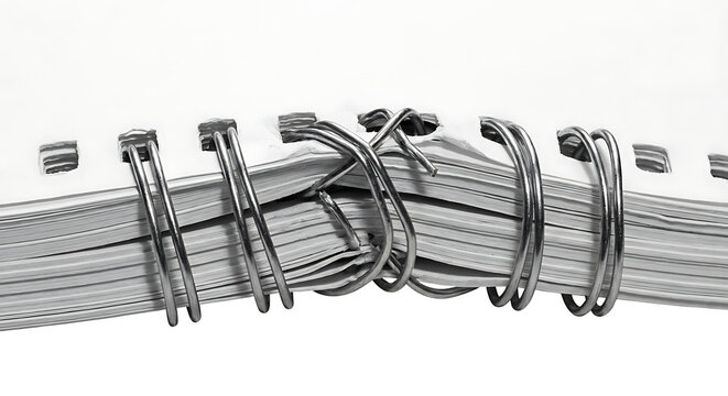 Broken metal wire binding on a damaged spiral notebook close-up