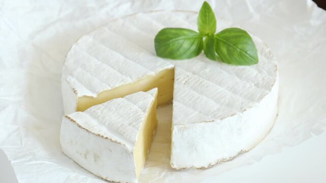Cut delicious brie cheese and basil turning on white table, closeup