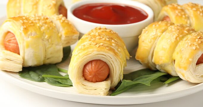 Puff pastry. Tasty sausages in dough and ketchup spinning on white table, closeup