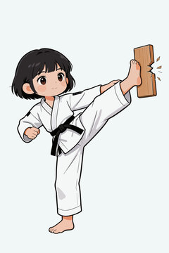 Cute Young Girl Performing Karate Kick Breaking Wooden Board