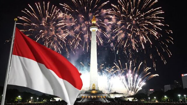 Indonesian flag waving at Monas landmark with fireworks at night