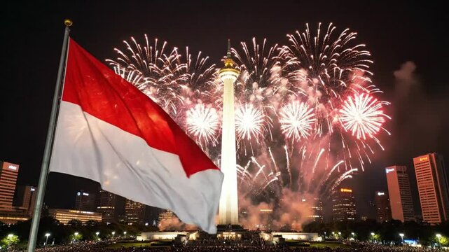 Indonesian Flag Waving with Fireworks at National Monument Jakarta