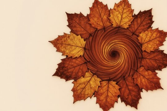 Autumn leaves arranged in circular pattern around a wooden swirl. Warm colors include brown orange yellow. Natural design for seasonal backdrop.