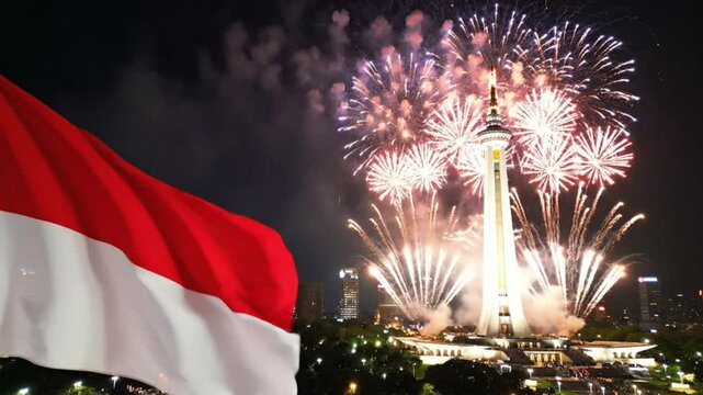 Indonesian Flag Waving Over Monas Monument with Fireworks at Night