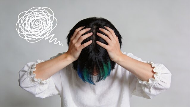 Stressed woman holding her head with hands, messy scribble thought bubble above, expressing anxiety, mental confusion, headache, and emotional burnout or depression.