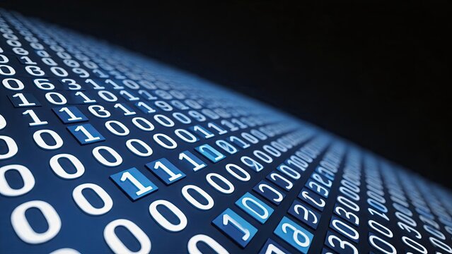 Digital binary code stream on blue background, big data concept with numbers zero and one flowing in perspective view for technology, computing, and information security themes.