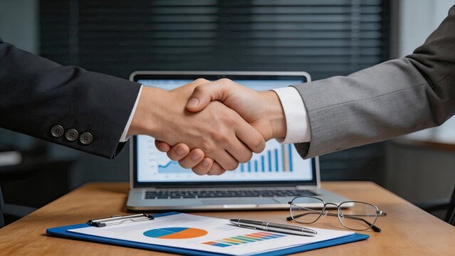 Close up of business people shaking hands over desk with laptop and documents, symbolizing successful deal, partnership agreement and professional collaboration.