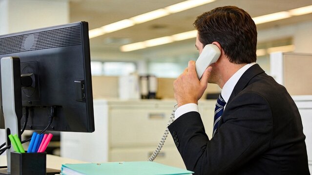 Professional businessman in suit talking on landline telephone at office desk, customer service support or sales call center agent working with computer monitor in modern