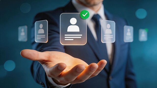 Business professional selecting verified candidate on futuristic hologram display, HR recruitment concept with digital profile cards and approval icon for hiring process automation