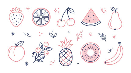 A charming collection of hand-drawn fruits and berries, rendered in a minimalist outline style with a soft pink and blue color palette, perfect for design elements. © Rra Terra