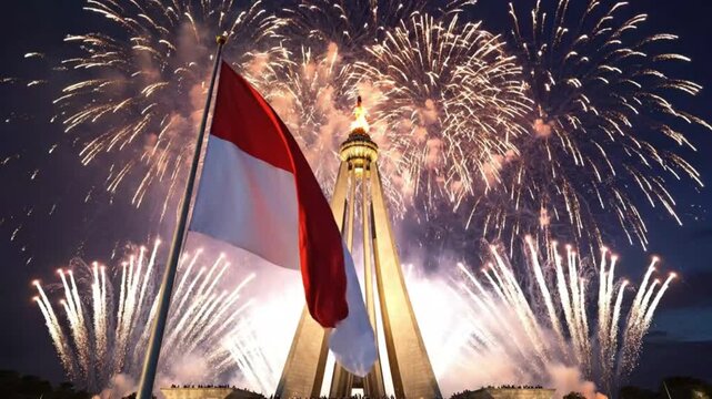 Indonesian Flag Waving with Fireworks at National Monument at Night