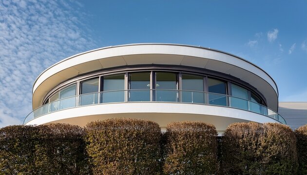 architectural close up bow window and slender balcony on modern white building