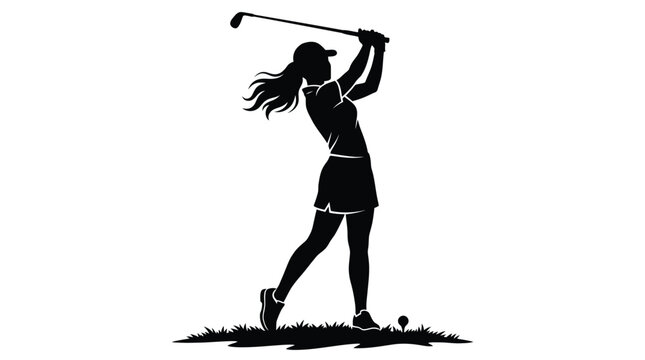 Stylish black vector illustration of a female golfer performing a powerful swing with her club
