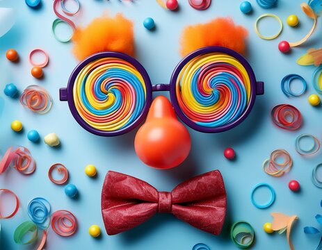 playful prank concept featuring clown accessories and spiral eyeglasses for april fools day celebration