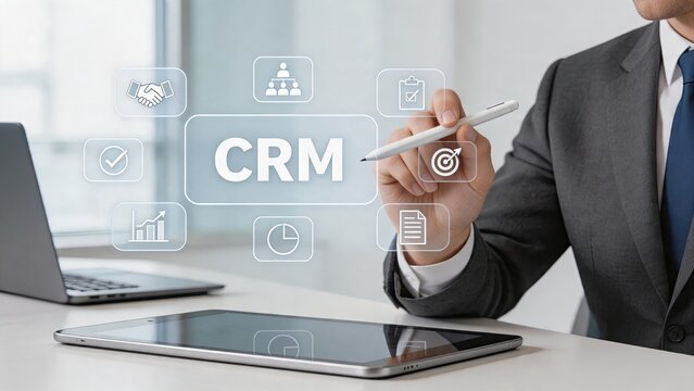 Businessman using CRM software on tablet, customer relationship management technology, digital business strategy, corporate workflow optimization, modern office environment,