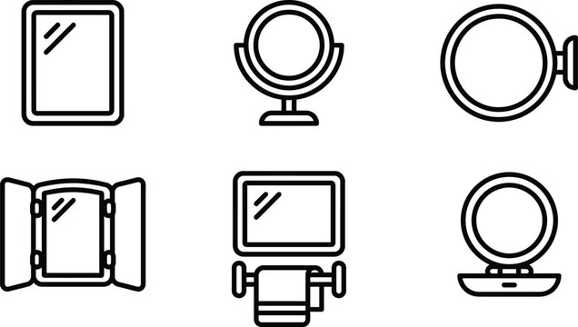 Bathroom and vanity mirror icons in simple black outline vector