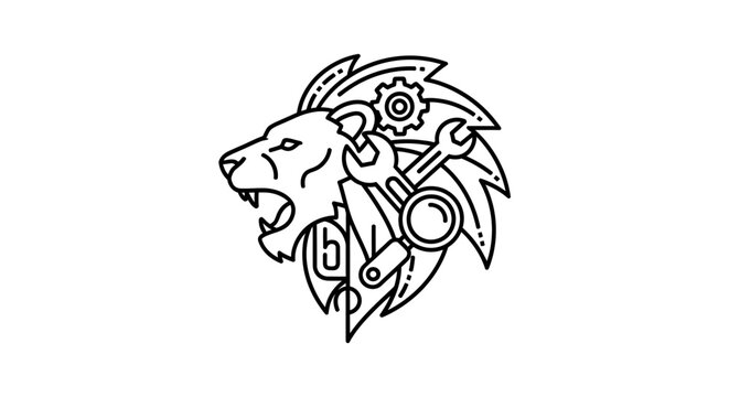 Roaring lion head with mechanical tools, gear, and wrench. Creative line art concept for engineering, automotive, or industrial business.