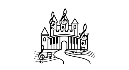 Obraz premium Fantasy music castle outline illustration with piano keyboard, treble clefs, and musical notes, creative concept