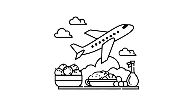 Line Art Vector: Airplane Flying Over Fruit, Food, and Cleaning Supplies &ndash; Travel, Home Life & Daily Routine Concept.