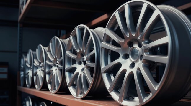 Row of new car alloy wheels stored on shelf. Shiny metal rims for auto service and repair. Modern vehicle parts for sale in warehouse. Performance tires for cars.