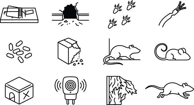 Pest control and rodent infestation signs line icon vector set