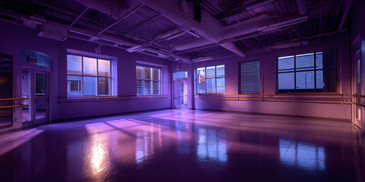Large Empty Dance Studio with Purple Mood Lighting