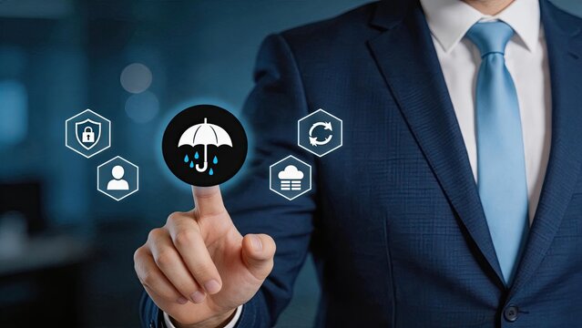 Businessman touching umbrella icon on virtual screen representing insurance protection, risk management and safety coverage concept with shield and cloud symbols.