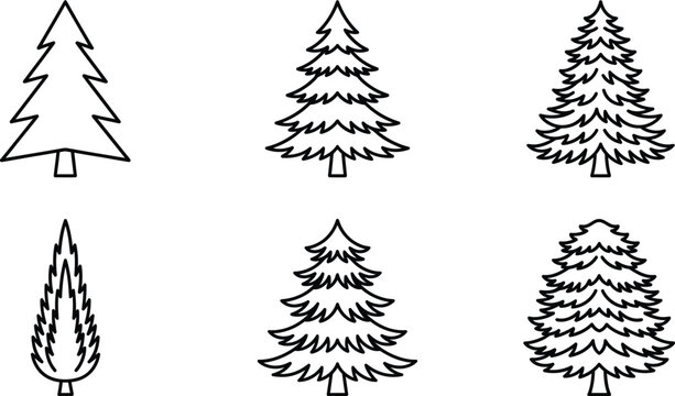 Set of six minimalist pine tree icons in black line art style