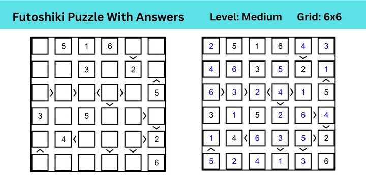 Futoshiki Puzzle With Answers Level Medium Grid 6x6 best to enhance brain muscle memory for both kids and adults perfect for digital use or large print activity or books publishing