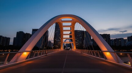 Fototapeta premium Modern bridge with arching structure and orange lights over river at dusk. Tall city buildings form urban backdrop. Wide angle perspective captures the sophisticated design and engineering marvel.