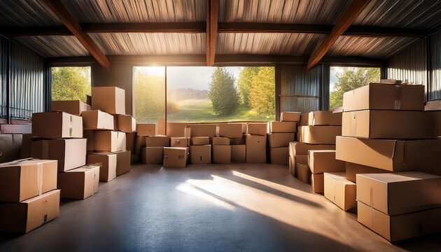 stacked recycled cardboard boxes in a garage with window