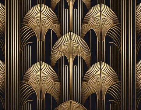 art deco inspired seamless pattern with gold arches and vertical lines on a black background elegant repeating art deco motif with golden curves and straight lines for backgrounds