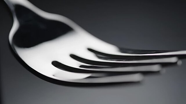 Closeup Macro Shot of a Shiny Metal Fork on a Dark Background.