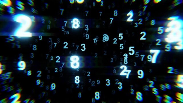 Binary Number Code Data Cloud text Flying Through Digital Space Loop background technology idea concept. Chromatic Aberration Distortion effects.
