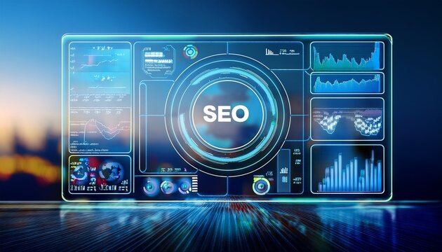 a digital dashboard displaying seo metrics on blurred background