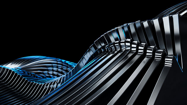 Chrome metallic slat wave with blue glow aligned metal panels forming S-curve abstract 3D object black background