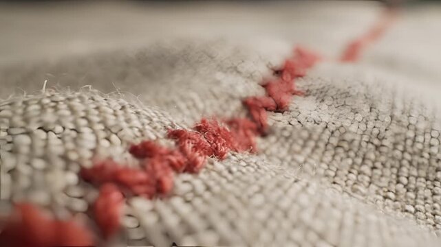 Closeup Macro View of Red Lentils on Textured Fabric Surface.