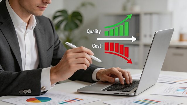 Businessman analyzing charts on laptop screen showing quality increasing while cost decreasing, financial report with bar graphs illustrating efficiency and profit optimization
