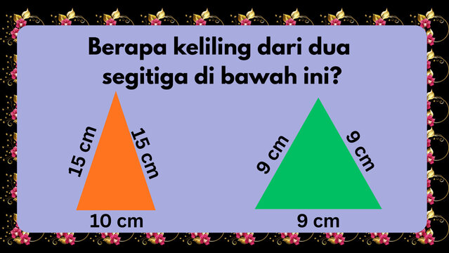 Calculate the perimeter of two triangles, one orange and one green, with given side lengths for each shape
