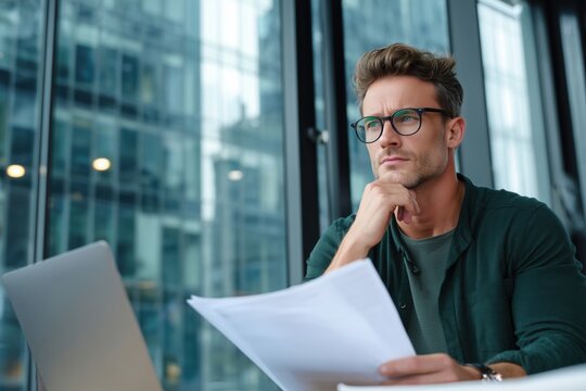 書類を手に持ち考え込む男性のビジネスシーン。オフィスでの仕事や会議資料の確認に適したイメージ