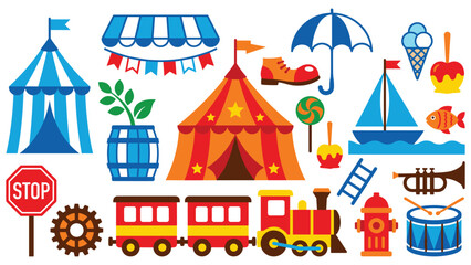 Collection of circus and fairground items featuring a big top, train, and umbrella. © Md